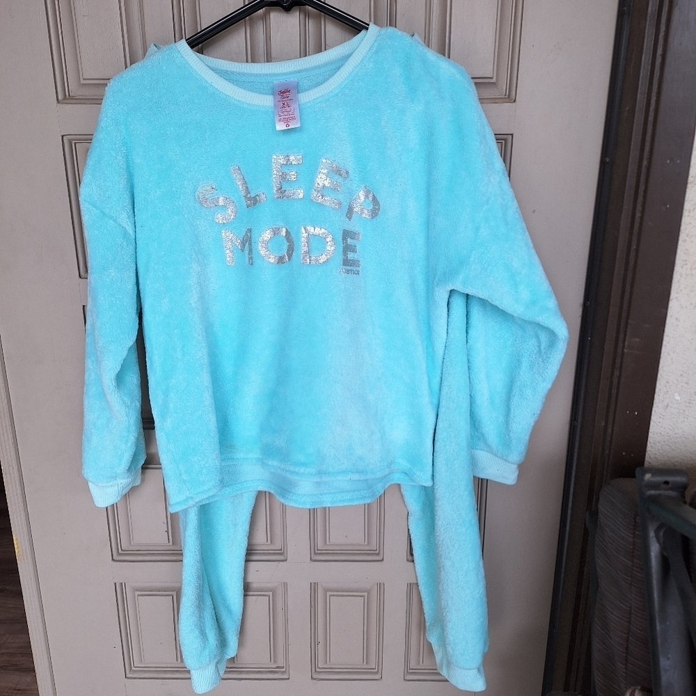 Justice Sleep Aqua Sleep Mode PJ Set Top/Bottom SzJXL(16 18) Fuzzy Warm Cute